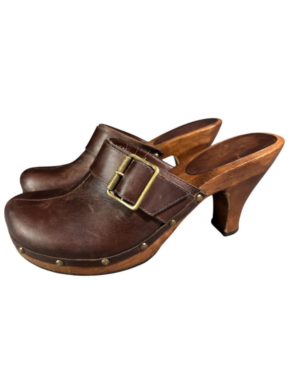 Y2K VTG Leather Wooden Sole Clog Mule Heels Studded Buckle SZ 8 90s Boho Chic